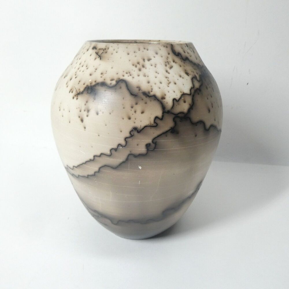 Horse Hair Raku Vase Signed Studio Art Pottery 6.5"